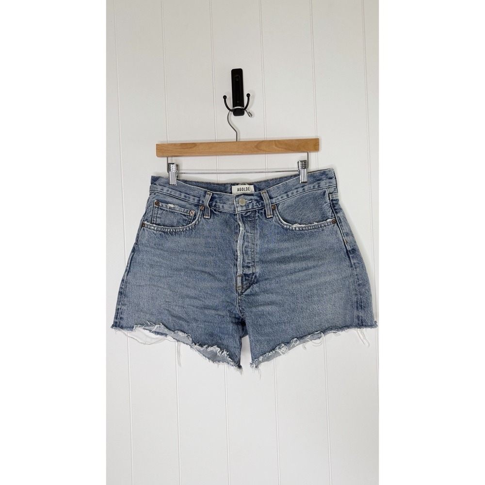 Agolde Light Blue Distressed High-Rise Jean Shorts